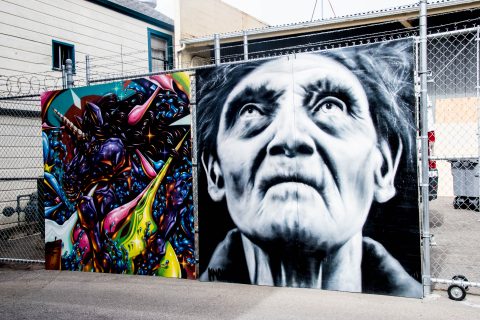Murals on warehouse gates, Eureka, California