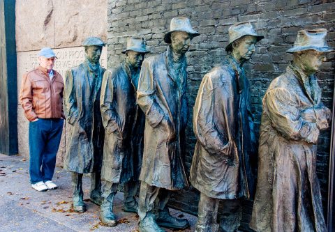 G Segal's 1930 breadline scuplture with John, FDR Memorial, Wash
