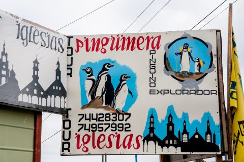 Sign for visit to Penguins, Ancud, Chiloe, Chile