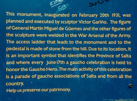 Martin Miguel de Guemes memorial notice, Salta, Argentina