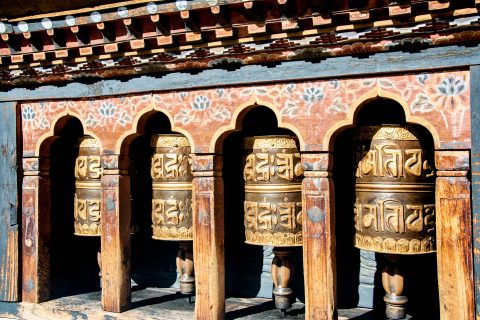Changangkha Lhakhang prayer wheels, Thimphu, Bhutan