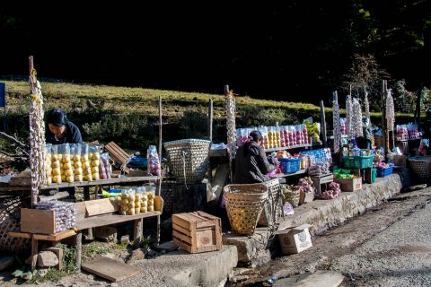 Tibetan roadside stalls near Thimphu, Bhutan