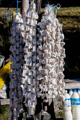 Ropes of hard cheese on Tibetan roadside stalls near Thimphu, Bh