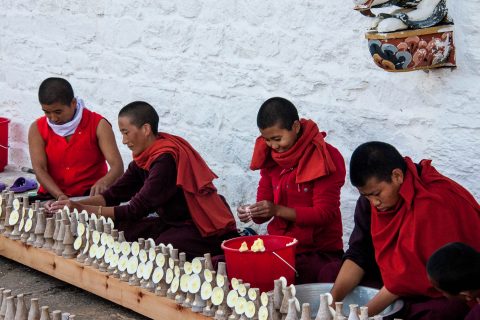 Making tormas at Sangchhen Nunnery, Punakha, Bhutan
