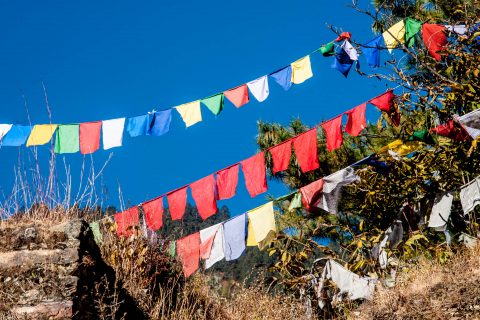 Prayer flags, Drukyel Dzong, Bhutan