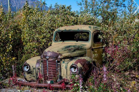 Abandoned vehicle, Destruction Bay, Kluane Lake, near Haines Jun