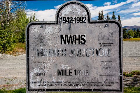 Alaska Highway marker post, Haines Junction, Yukon, Canada