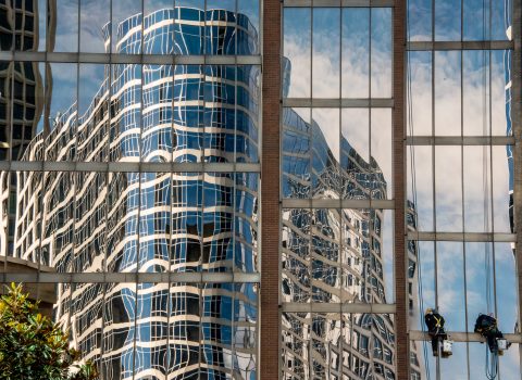 Reflections with window cleaners, Vancouver