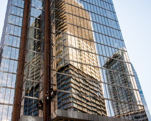 Reflections with window cleaners, Vancouver