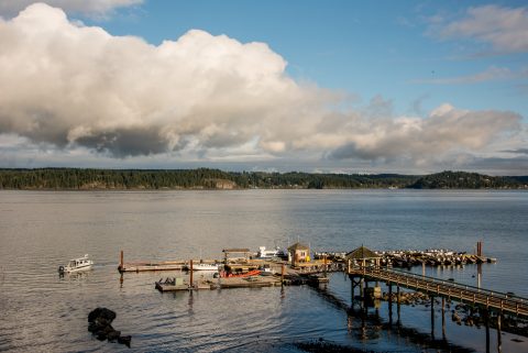 Jetty and Quadra Island form Panter's Lodge, Vancouver Island