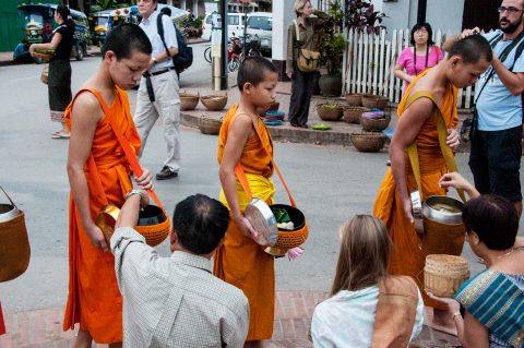 Receiving breakfast alms, Luang Prabang, Laos