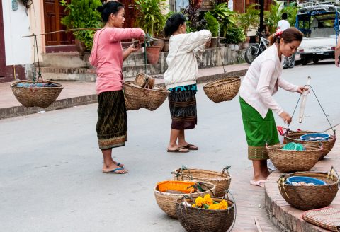 Sellers of breakfast alms, Luang Prabang, Laos